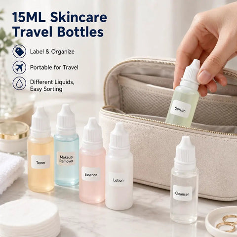 No Sweat Refills With This Five Piece Pack Featuring Four White 15ml Plastic Dropper Bottles Plus One Quick Pour Funnel in travel bag.