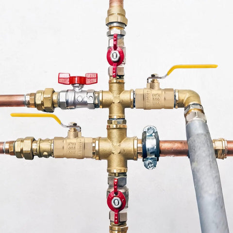 One Half Inch Female Npt To Female Npt Full Port Forged Lead Free Brass Ball Valve 150 Psi Wsp Heavy Duty Knockout Shut Off Switch For Air Water Plumbing And Gas Lines Built Tough For The Real Deal with red and yellow handles.