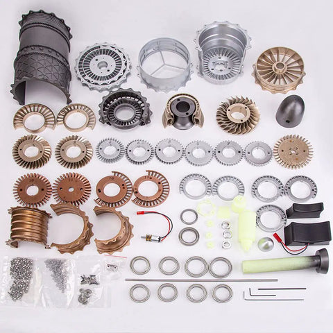 Parts layout for Fighter Turbofan Engine Model Kit That Actually Runs On Its Own Electric Motor 1/20 WS-15 Aircraft