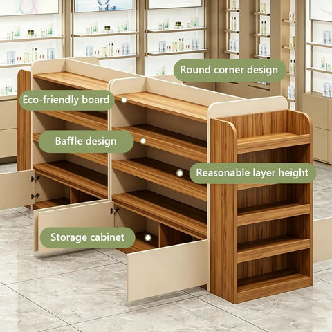 Heavy Duty Double Sided Gondola Shelving With Storage Cabinet Built Tough For Retail Shops And Boutiques Two Tone Commercial Rack Shop Ready showcasing eco-friendly board and storage cabinet.