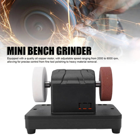 Heavy Hitter 3 Inch Mini Bench Grinder Featuring A Powerhouse 200 Watt Motor And Cordless Variable Speed Dial for precise tool polishing.