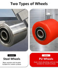 Close-up of steel and PU wheels for Heavy Duty Low Profile Industrial Moving Dolly With Four Steel Wheels And NonSkid Deck That Handles Heavy Lifting Like A Champ And Cranks Around Tight Spaces Indoors Outdoors.