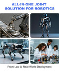 Robotics solutions featuring industrial servo motor applications in robotic arms, humanoid, quadruped robots, and educational settings.