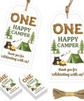 One Happy Camper 50 Pack First Birthday Thank You Tags with twine, forest bear, campfire, tent theme, stacked view