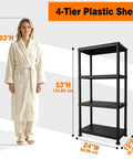 No Drama Four Tier Plastic Shelving Unit For Tight Layouts, 53 Inch Tall showing dimensions with a model for scale.