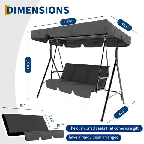 Dimensions of three person outdoor patio swing chair with adjustable canopy shade removable sun shade for backyard deck porch