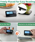 Wireless Kitchen Scale With Remote Display And 33 Lb Capacity, Precise 1 g And 0.1 oz Graduation, shown freestanding, wall-mounted, and on fridge