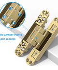 Heavy Duty Hidden Door Hinges 2 Pack Gold Finish showing 4 axis support points and 6 silent spacers for smooth installation.