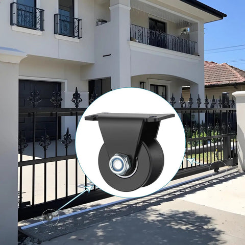 Heavy Duty 2 Inch V Groove Sliding Gate Casters Built Tough With Rock Solid Steel installed on a sliding gate, ensuring smooth gliding action.