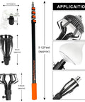 3 To 12 Foot Telescopic Light Bulb Changer Pole With Durable Metal Construction For High Ceilings And Recessed Lighting Reaches Fluorescent LEDs And Incandescent Bulbs With Easy Grip Rubber Base And Quick Lock Buckles For Stable Setup shown with attachments and dimensions.