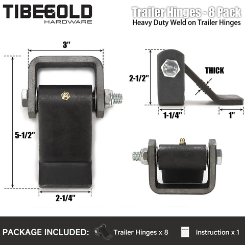 Heavy Duty Weld On Trailer Hinges With Grease Zerk 8 Pack strap style hinges showing dimensions and features for dump truck gate.