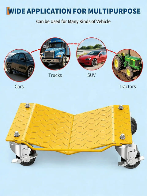 4 Pack Heavy Duty Steel Wheel Dollies With 1500 Lb Capacity, yellow wheel dolly suitable for cars, trucks, SUV, and tractors.