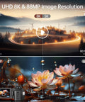 Comparison of 8K and 64MP video with 8K Ultra HD Video Camera Camcorder for YouTube Vloggers with 88MP stills, showcasing image resolution.