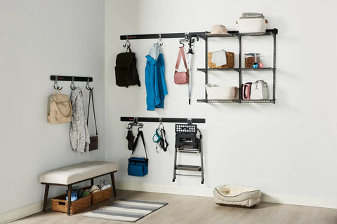 Hella Sturdy Garage Wall Storage Rack With Heavy Duty Steel Shelves And Modular Rails For Workshop Home Organization Super Quick Install. Wall-mounted storage with adjustable rails and hooks.