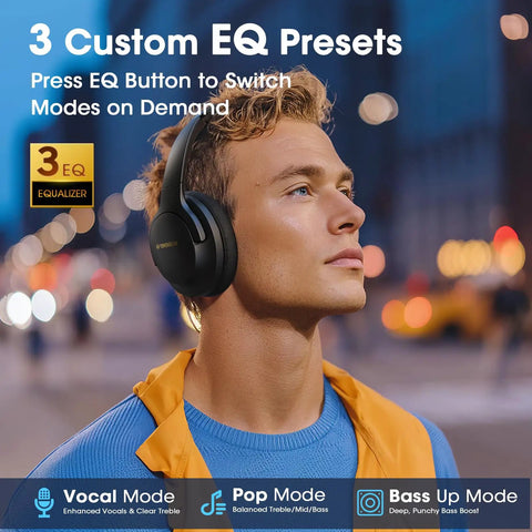 Person using Over Ear Wireless Headphones With 80 Hour Battery Life, Deep Bass EQ And ENC Mic in outdoor setting