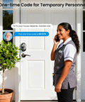 Keyless Entry Door Lock With 2 Lever Handles Electronic Keypad Deadbolt Auto Lock Backlit For Easy Installation Matte Black Front Door Handle Set Anti Peep Security With 20 Permanent PIN Codes And One Time Codes displayed on white door next to person.