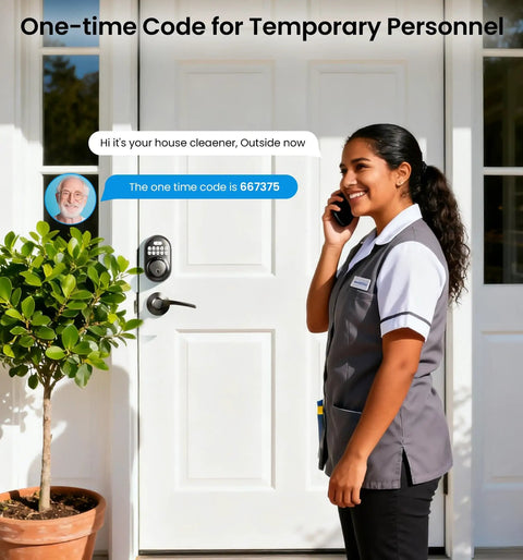 Keyless Entry Door Lock With 2 Lever Handles Electronic Keypad Deadbolt Auto Lock Backlit For Easy Installation Matte Black Front Door Handle Set Anti Peep Security With 20 Permanent PIN Codes And One Time Codes displayed on white door next to person.