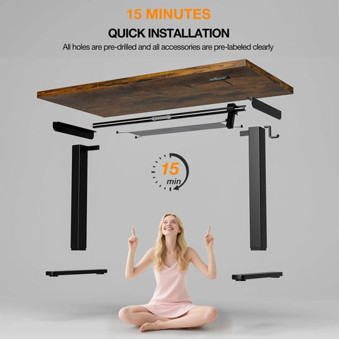 Exploded view of Electric Standing Desk With Easy Height Adjust, Memory Presets And Cable Management, Rustic Brown top, black legs