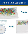 3mm & 5mm LED diodes assortment featuring colorful red, green, yellow, blue, and white LEDs in clear packaging for makers.
