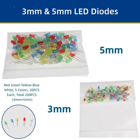 3mm & 5mm LED diodes assortment featuring colorful red, green, yellow, blue, and white LEDs in clear packaging for makers.