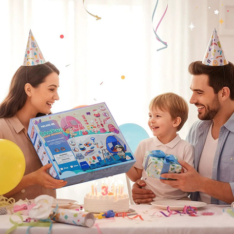 Family celebrating birthday with Kids Camping Set With Pop Up Tent And Outdoor Gear For Pretend Play Adventures gift