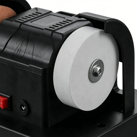 Close-up of Electric Double Grinding Wheel Buffer That Cracks Rust Seals and Slays Dull Edges With Heavy Duty Polishing Power.