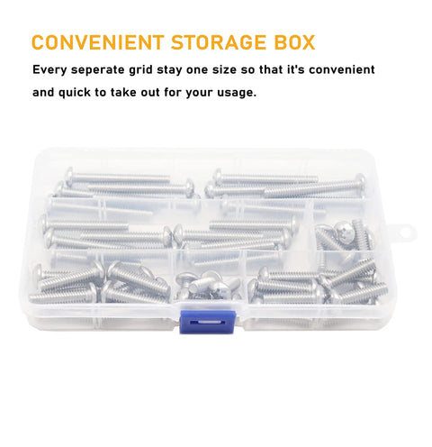 Heavy Duty 50 Piece 1/4 20 Phillips Pan Head Machine Screw Kit With Ridiculously Tough 304 Stainless Steel in storage box.