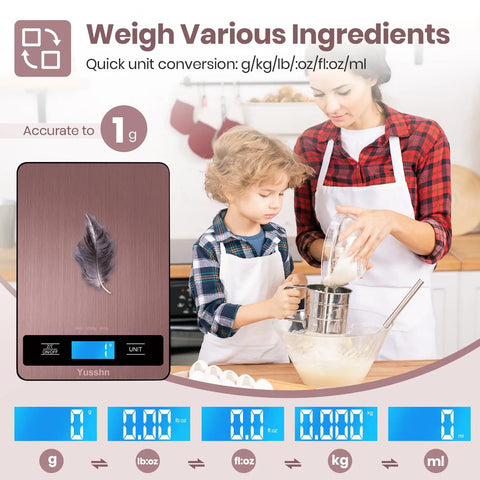 Digital Kitchen Scale for Pro Grade Precision in Cooking and Baking, Rose Gold Waterproof Stainless Steel, on counter