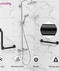 Heavy Duty Black Stainless Steel Shower Grab Bars 2 Pack With L Shaped And Straight Hands Built Different For Accessible Bathrooms Crushes Slip Hazards Rock Solid Grip Supports Up To 500 Pounds Easy Mount with anti-slip feature.