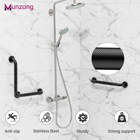 Heavy Duty Black Stainless Steel Shower Grab Bars 2 Pack With L Shaped And Straight Hands Built Different For Accessible Bathrooms Crushes Slip Hazards Rock Solid Grip Supports Up To 500 Pounds Easy Mount with anti-slip feature.
