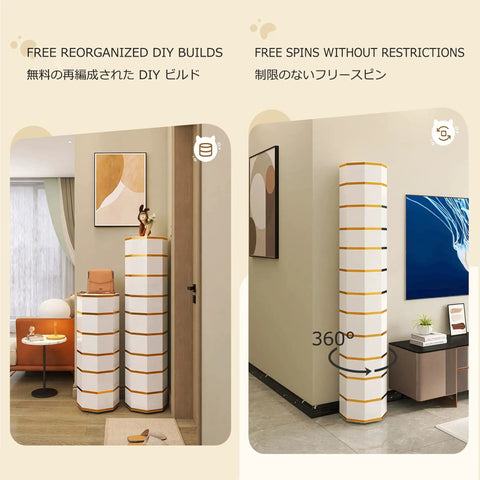 Toss Sneaker Chaos At The Door With This Sleek Rotating Shoe Rack, showcasing a vertical white and orange shoe tower in a modern entryway.