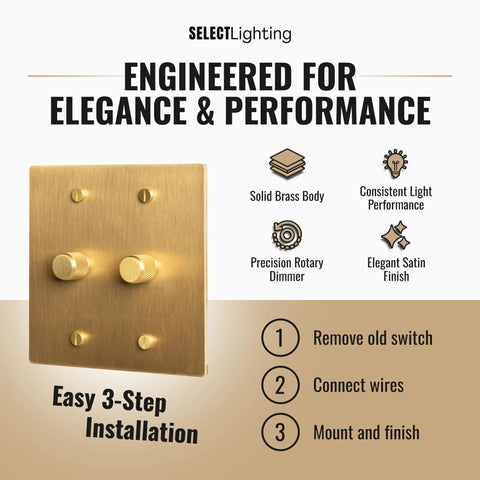 Solid Brass Rotary Dimmer Switch Smoother Than Butter Rotation Sleek Satin Finish For Home Decor Dual Gang Wiring with installation guide