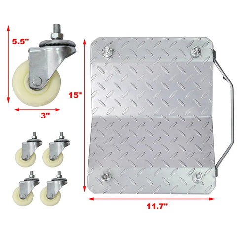 Heavy Duty 4 Tire Wheel Dollies Boasting A Badass 6000 Pound Capacity Built From Tough Powder Coated Steel Featuring Smooth Rolling Casters showing dolly with dimensions and casters.