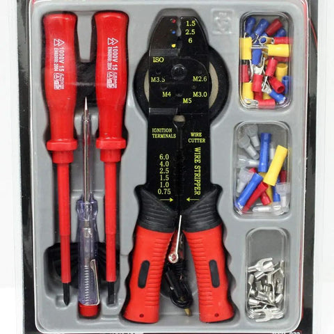 Close-up of 82 Piece Electrical Tool Kit 2 Pack with 2 Electric Screwdrivers featuring wire stripper and terminals.