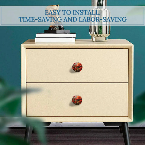 Fresh Oil Painting Red Flower Cabinet Knobs, slick stainless steel design on a cream nightstand with two drawers.