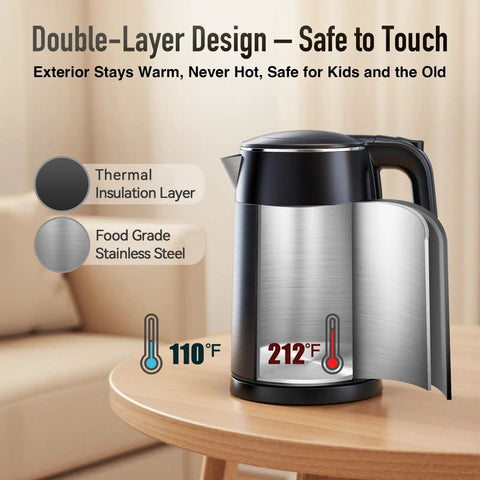 Electric Kettle 1.7L With Clear Touch Screen Temperature Control, No Plastic Contact With Water, Side View on Table