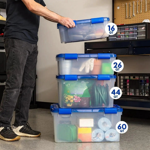 60-Quart Clear Airtight Storage Totes with Secure Latching Lid Stackable Plastic Containers for Garage Basement Closet That Are Built Different and Handle the Heat like Pros in use with smaller bins stacked.
