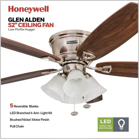 Glen Alden 52 Inch Classic Dope Flush Mount Indoor LED Ceiling Fan with Light Kit, pull chain, reversible blades, brushed nickel finish.