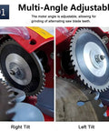Kickass Electric Circular Saw Blade Sharpener With Bright Built In Led Light And Precise Sliding Rail For Quick Angle Mill Grinding On Dull Woodworking Cutters And No Fuss Steel Tools, showing adjustable motor angle for grinding.