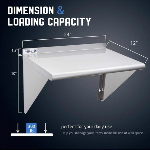 Grab A Solid NSF Certified 18 Gauge Food Grade Stainless Steel Wall Shelf 18 By 24 Inch Heavy Duty Commercial Kitchen Rack Rust Resistant with dimensions and loading capacity.