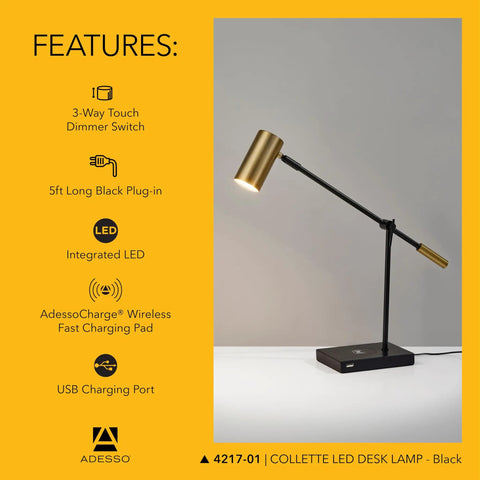 LED floor lamp with adjustable height, black and antique brass accent, sleek modern task and reading light on desk