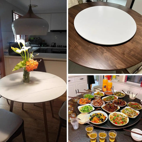 Sturdy Heavy Duty Jumbo Thirty One Inch Bamboo Lazy Susan Turntable Wooden Rotating Charcuterie Cheese Board For Kitchen Counters Family Chowdown Party Centerpiece with food.