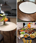 Super Sturdy Bamboo Lazy Susan Turntable With Smooth Swivel Design For Kitchen Table set on a dining table with food and flowers.