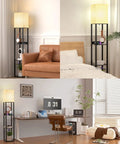 Shelf Floor Lamp With Solid Wood Shelves And USB Charging Ports near couch, bed, and desk, matte black finish, living room or bedroom.