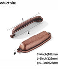 Product size dimensions of 10 Pack Antique Copper Cup Pulls 4 Inch Center To Center Zinc Alloy for kitchen drawers and cabinets.