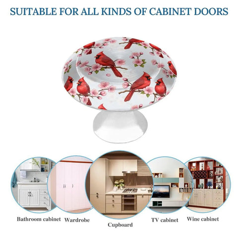 Round Cabinet Knob Set Of Two Featuring Vintage Red Floral Design In Rust Proof Stainless Steel With Screws Included on various cabinet doors.