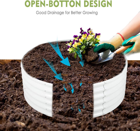 Two Pack Round Galvanized Raised Garden Bed Kit 3 By 3 By 1.5 Feet Open Bottom Outdoor Planter For Vegetables Herbs And Fruits Cream White Metal Raised Box with open-bottom design allowing water drainage, shown with soil and flowers.