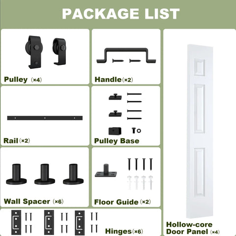 Package contents for 48 By 84 Inch Bifold Barn Door With Complete Hardware Set, including pulleys, rail, and door panel.