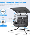 Double Egg Chair With Removable Adjustable Canopy for Outdoor Hangout; oversized grey cushioned hammock for 2-3 people