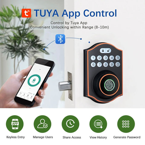 No Sweat Smart Fingerprint Door Lock Featuring Keyless Entry Deadbolt And Electronic Touchscreen with Tuya App control.